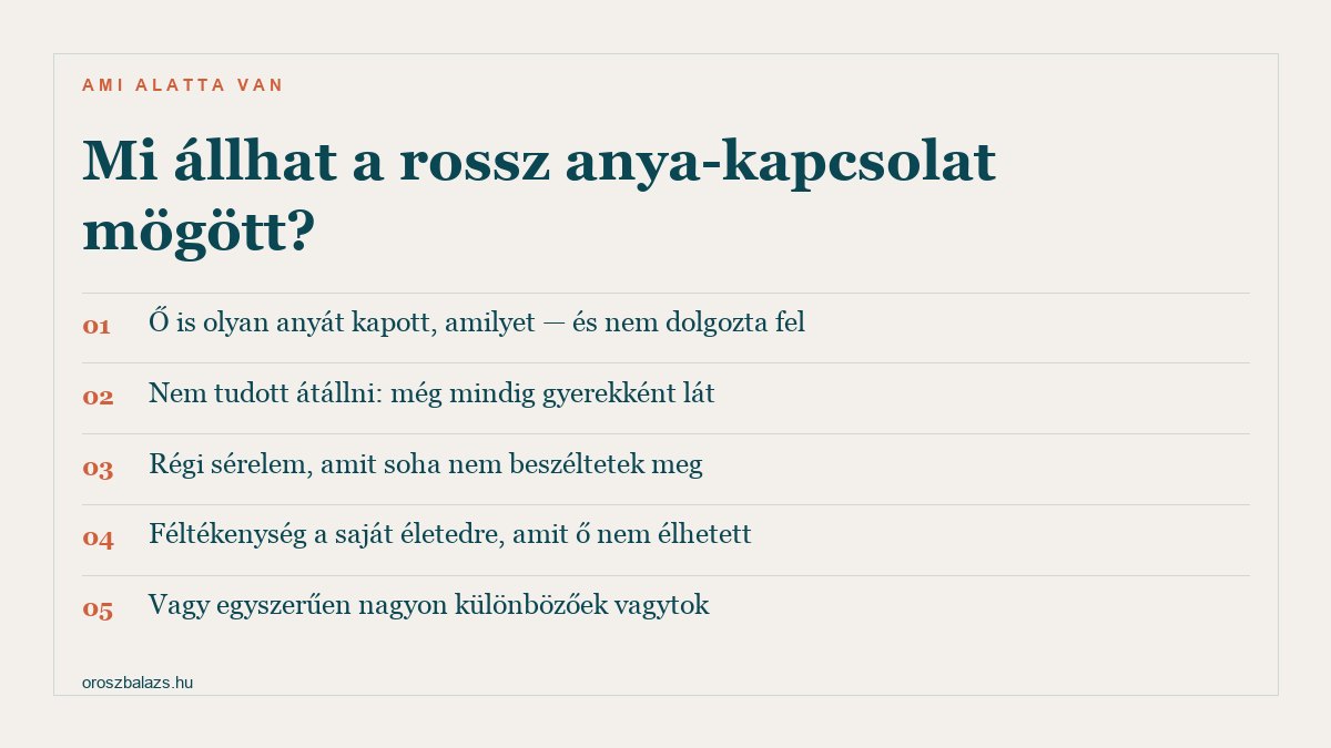 Öt lehetséges háttér: ő is olyan anyát kapott amilyet és nem dolgozta fel, nem tudott átállni és még mindig gyerekként lát, régi sérelem amit soha nem beszéltetek meg, féltékenység a saját életedre, vagy egyszerűen nagyon különbözőek vagytok