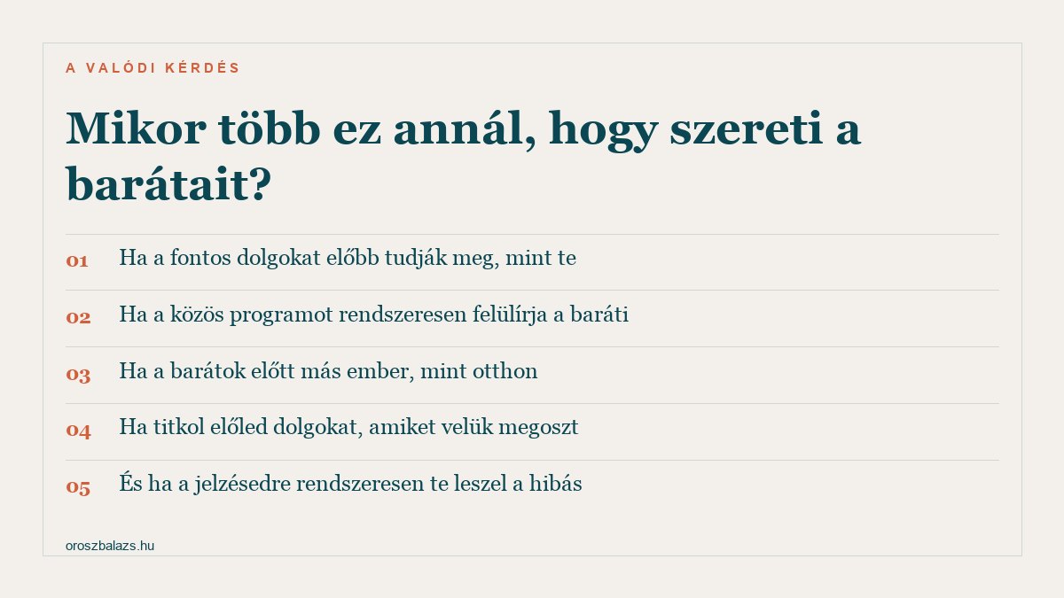 Öt jel arról hogy több ez a barátságnál: a fontos dolgokat előbb tudják meg mint te, a közös programot felülírja a baráti, a barátok előtt más ember mint otthon, titkol előled dolgokat amiket velük megoszt, és a jelzésedre te leszel a hibás