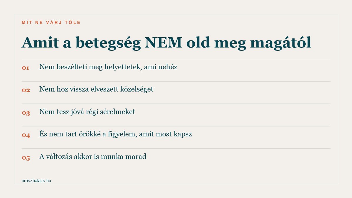 Amit a betegség nem old meg: nem beszélteti meg helyettetek ami nehéz, nem hoz vissza elveszett közelséget, nem tesz jóvá régi sérelmeket, nem tart örökké a figyelem, és a változás akkor is munka marad