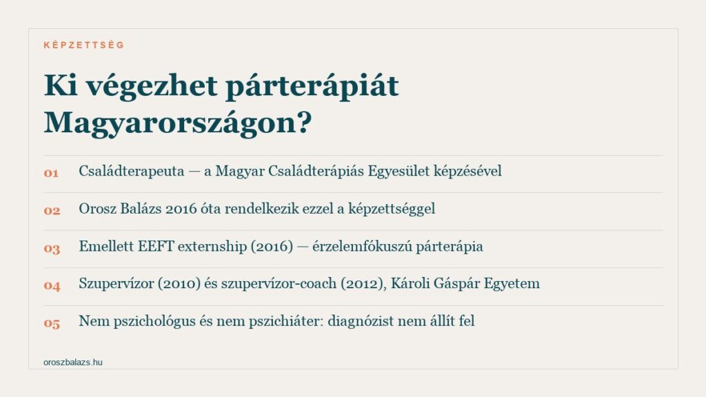 Ki végezhet párterápiát Magyarországon: a Magyar Családterápiás Egyesület által képzett családterapeuta — Orosz Balázs 2016 óta rendelkezik ezzel a képzettséggel