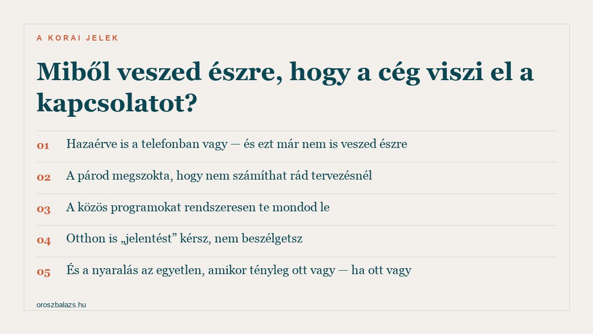 Öt korai jel arról hogy a cég viszi el a kapcsolatot: telefon hazaérve is, a párod nem számíthat rád tervezésnél, te mondod le a közös programokat, jelentést kérsz beszélgetés helyett