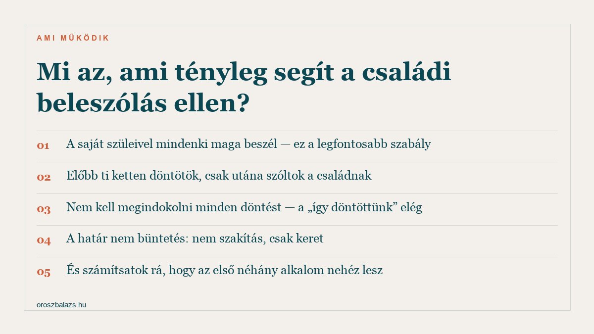 Öt dolog ami a családi beleszólás ellen működik: a saját szüleivel mindenki maga beszél, előbb ti ketten döntötök, nem kell megindokolni minden döntést, a határ nem büntetés hanem keret, és az első alkalmak nehezek lesznek