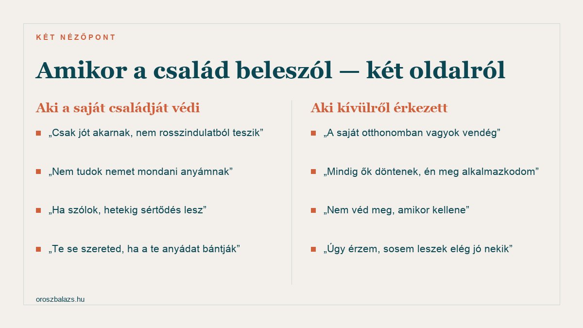 A családi beleszólás két oldala: aki a saját családját védi azt éli meg hogy csak jót akarnak és nem tud nemet mondani, aki kívülről érkezett pedig azt hogy a saját otthonában vendég és nem védik meg amikor kellene