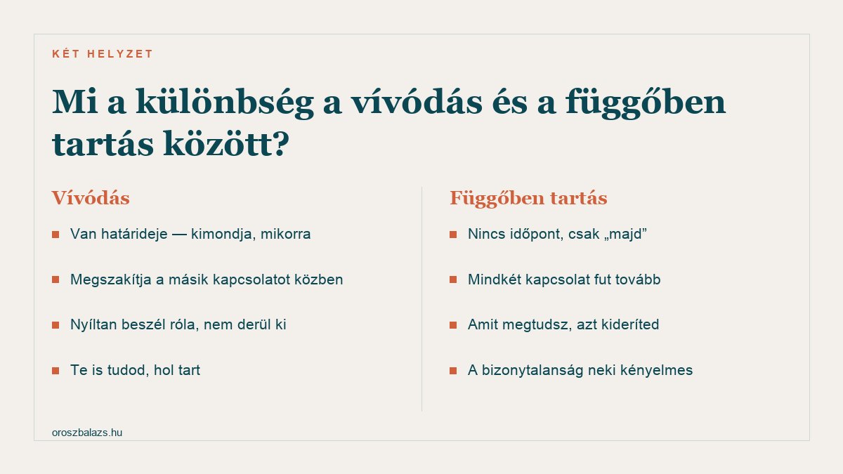 Vívódás: van határideje, megszakítja a másik kapcsolatot közben, nyíltan beszél róla, te is tudod hol tart. Függőben tartás: nincs időpont csak majd, mindkét kapcsolat fut tovább, amit megtudsz azt kideríted, a bizonytalanság neki kényelmes