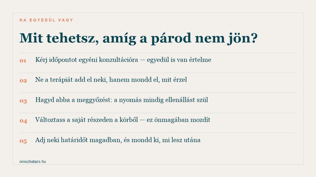 Öt pont arról, mit tehetsz, ha a párod nem hajlandó párterápiára: kérj egyéni konzultációt, magadról beszélj ne a terápiáról, hagyd abba a meggyőzést, változtass a saját részeden, és adj magadban határidőt