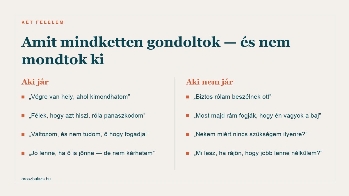 A két oldal kimondatlan félelmei, amikor csak az egyik fél jár terápiába: aki jár attól tart hogy panaszkodásnak tűnik és hogyan fogadják a változását, aki nem jár attól hogy róla beszélnek és rá fogják a hibát
