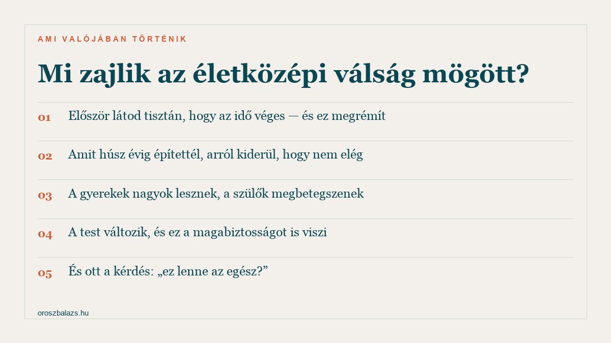 Öt dolog ami az életközépi válság mögött zajlik: az idő végességének felismerése, hogy a felépített nem elég, a gyerekek felnövése és a szülők betegsége, a test változása, és a kérdés hogy ez lenne az egész