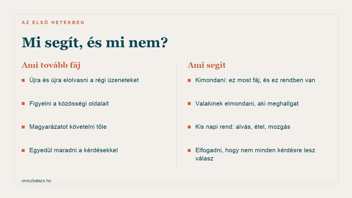Ami tovább fáj: újra és újra elolvasni a régi üzeneteket, figyelni a közösségi oldalait, magyarázatot követelni, egyedül maradni a kérdésekkel. Ami segít: kimondani, hogy ez most fáj, valakinek elmondani, aki meghallgat, kis napi rend alvással, étellel, mozgással, elfogadni, hogy nem minden kérdésre lesz válasz