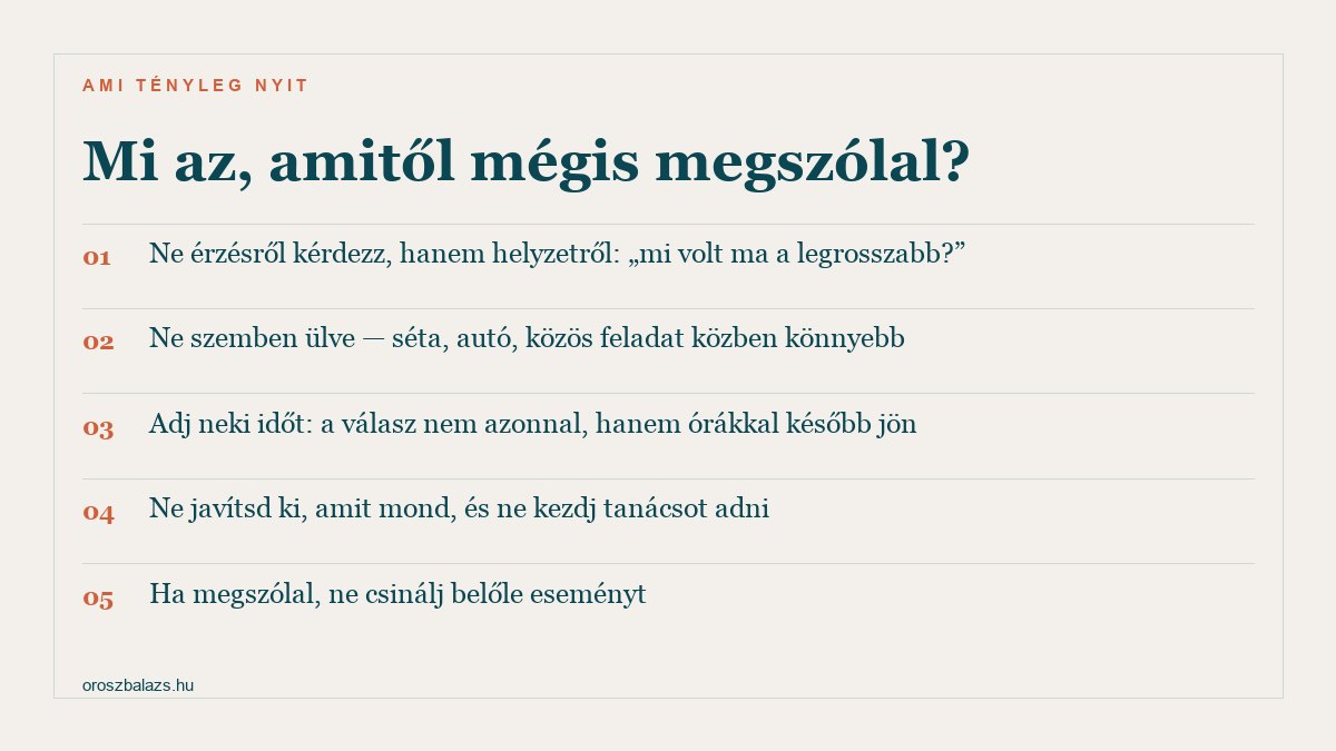 Öt dolog, amitől mégis megszólal: helyzetről kérdezz ne érzésről, ne szemben ülve hanem séta vagy közös feladat közben, adj időt a késleltetett válasznak, ne javítsd ki és ne adj tanácsot, és ne csinálj eseményt belőle