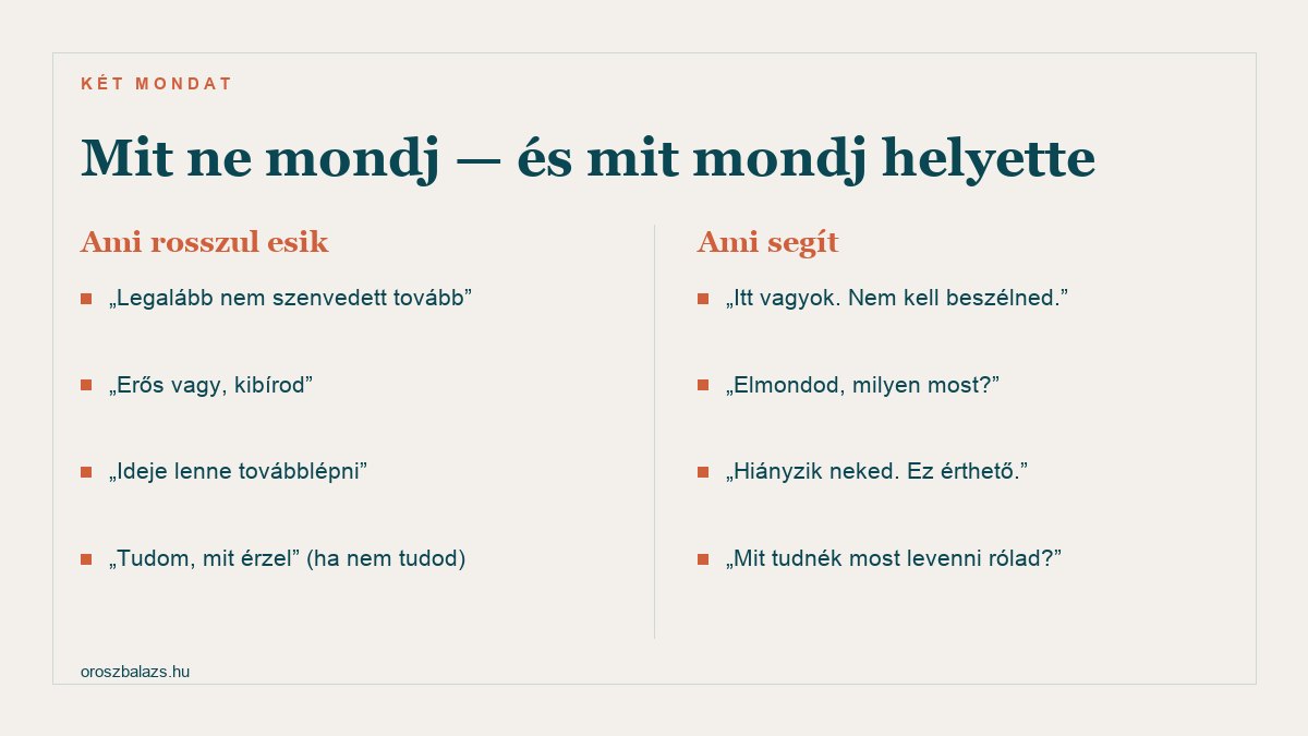 Mit ne mondj gyászolónak: legalább nem szenvedett tovább, erős vagy kibírod, ideje lenne továbblépni, tudom mit érzel. Mit mondj helyette: itt vagyok nem kell beszélned, elmondod milyen most, hiányzik neked ez érthető, mit tudnék levenni rólad