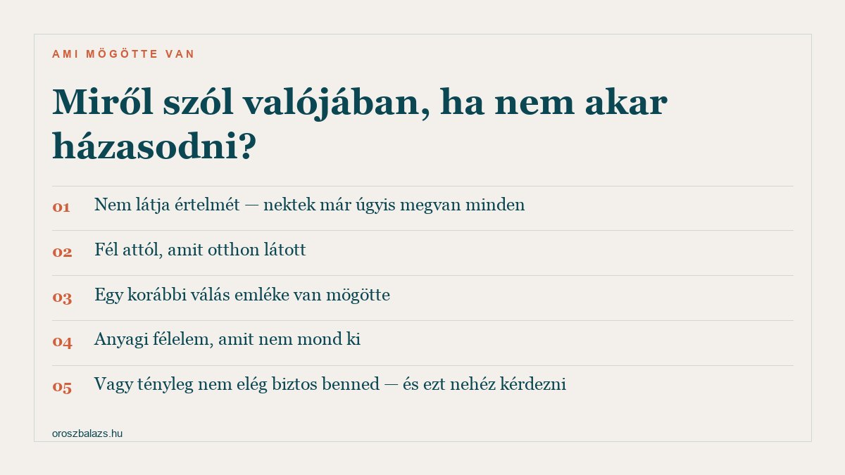 Öt lehetséges ok: nem látja értelmét mert nektek már úgyis megvan minden, fél attól amit otthon látott, egy korábbi válás emléke van mögötte, anyagi félelem amit nem mond ki, vagy tényleg nem elég biztos benned