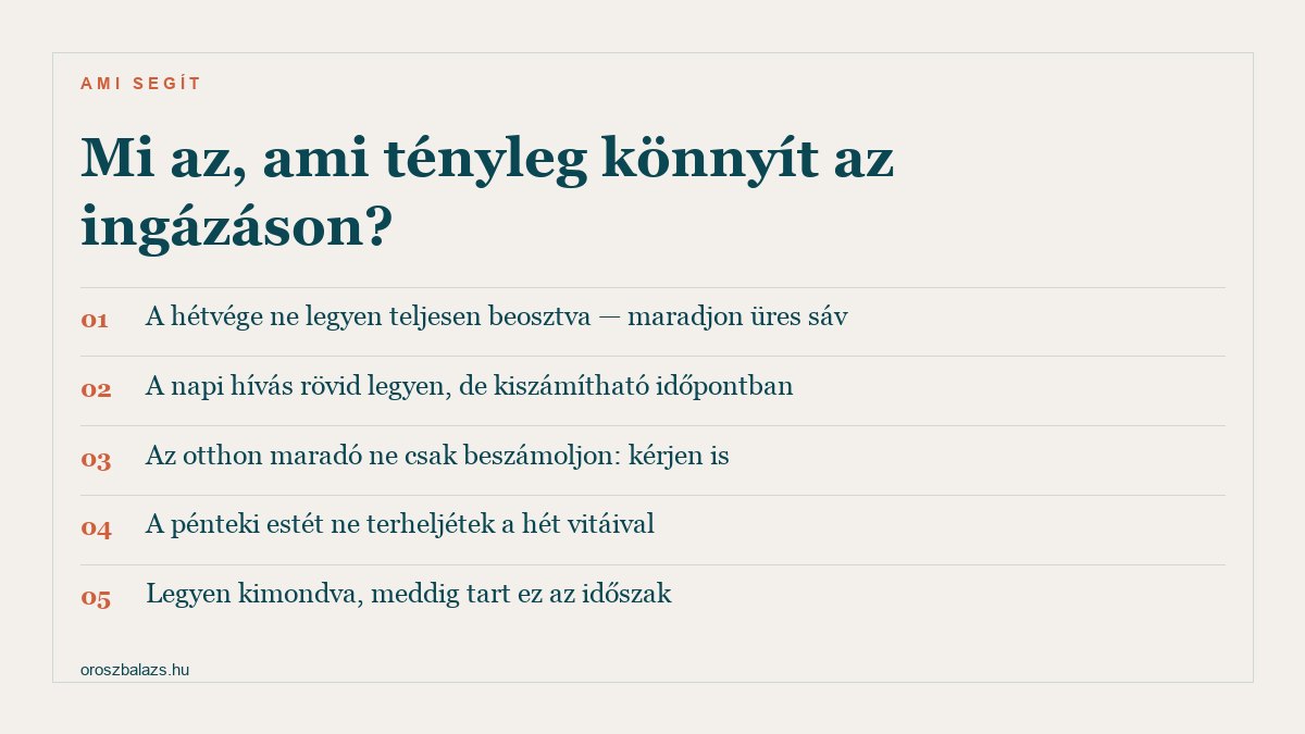 Öt dolog, ami könnyít az ingázáson: maradjon üres sáv a hétvégén, rövid de kiszámítható napi hívás, az otthon maradó kérjen is ne csak beszámoljon, a pénteki este ne legyen a viták helye, és legyen kimondva meddig tart