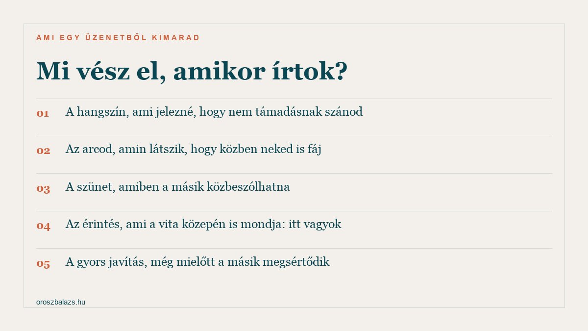 Mi vész el, amikor írtok: a hangszín, ami jelezné, hogy nem támadásnak szánod; az arcod, amin látszik, hogy neked is fáj; a szünet, amiben a másik közbeszólhatna; az érintés, ami azt mondja, itt vagyok; a gyors javítás, mielőtt a másik megsértődik