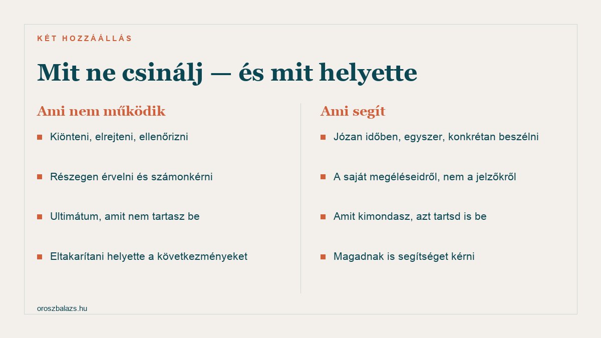 Mit ne csinálj: kiönteni elrejteni ellenőrizni, részegen érvelni, be nem tartott ultimátum, eltakarítani helyette a következményeket. Mit helyette: józan időben egyszer konkrétan beszélni, a saját megéléseidről, amit kimondasz tartsd is be, és magadnak is segítséget kérni