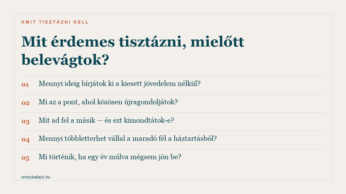 Öt kérdés amit tisztázni kell karrierváltás előtt: meddig bírjátok a kiesett jövedelem nélkül, mi az újragondolás pontja, mit ad fel a másik, mennyi többletterhet vállal a maradó fél, és mi lesz ha nem jön be