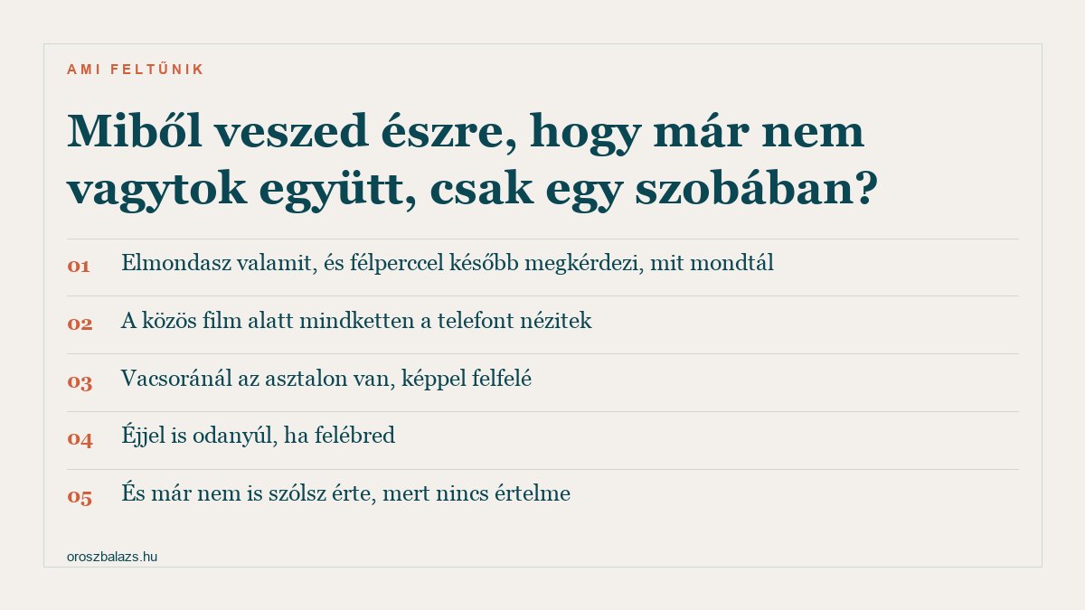 Öt jel: elmondasz valamit és félperc múlva kérdezi mit mondtál, a közös film alatt mindketten a telefont nézitek, vacsoránál az asztalon van képpel felfelé, éjjel is odanyúl ha felébred, és már nem is szólsz érte mert nincs értelme