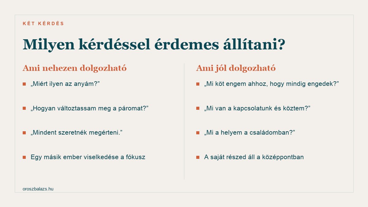 Ami nehezen dolgozható: miért ilyen az anyám, hogyan változtassam meg a páromat, mindent szeretnék megérteni. Ami jól dolgozható: mi köt ahhoz, hogy mindig engedek, mi van a kapcsolatunk és köztem, mi a helyem a családomban