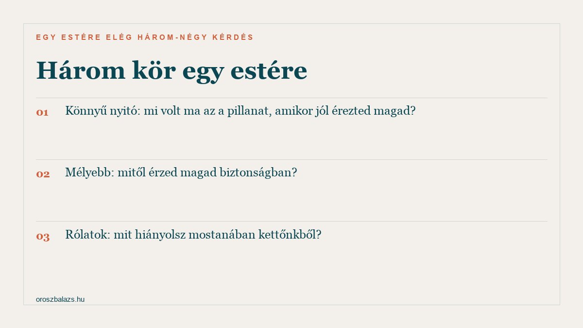 Három kör egy estére: könnyű nyitó kérdés, mélyebb kérdés, és egy kérdés a kettőtökről