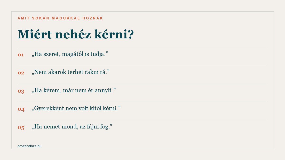 Miért nehéz kérni: ha szeret, magától is tudja; nem akarok terhet rakni rá; ha kérem, már nem ér annyit; gyerekként nem volt kitől kérni; ha nemet mond, az fájni fog