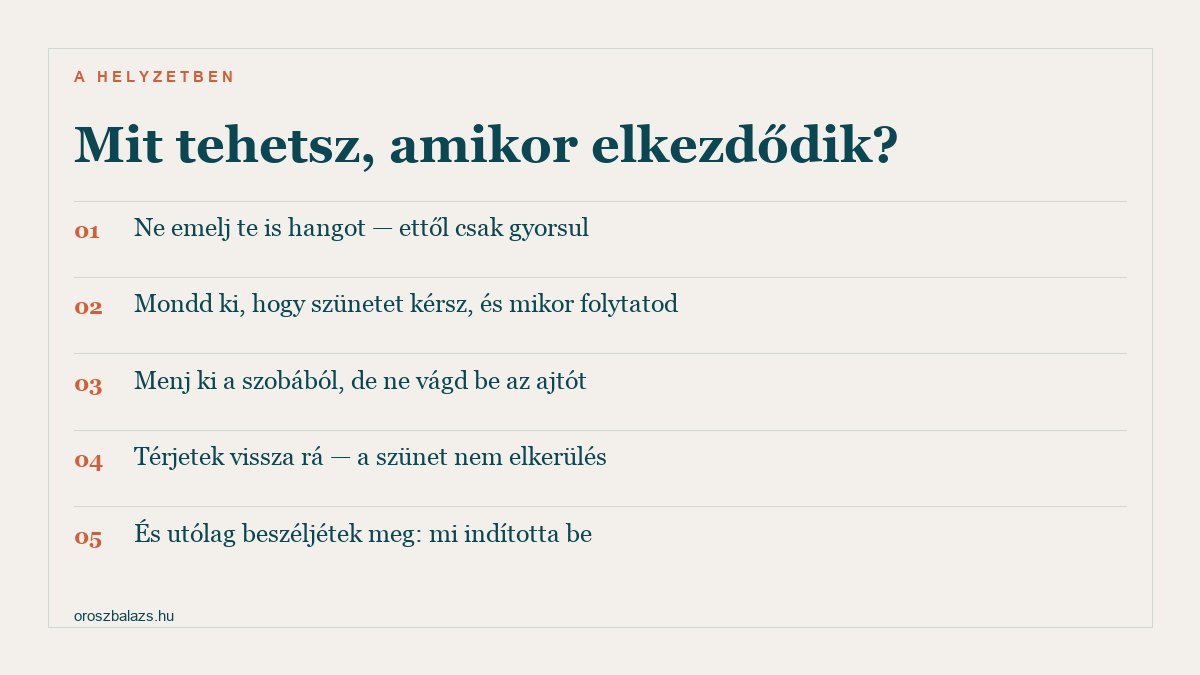 Mit tehetsz amikor elkezdődik: ne emelj te is hangot, mondd ki hogy szünetet kérsz és mikor folytatod, menj ki a szobából de ne vágd be az ajtót, térjetek vissza rá mert a szünet nem elkerülés, és utólag beszéljétek meg mi indította be