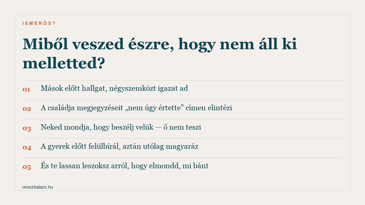 Öt jel: mások előtt hallgat négyszemközt igazat ad, a családja megjegyzéseit nem úgy értette címen elintézi, neked mondja hogy beszélj velük, a gyerek előtt felülbírál, és lassan leszoksz arról hogy elmondd mi bánt