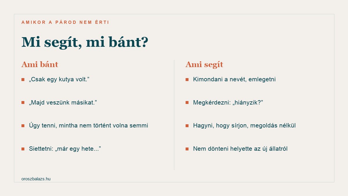 Ami bánt: azt mondani, hogy csak egy kutya volt; hogy majd veszünk másikat; úgy tenni, mintha nem történt volna semmi; siettetni. Ami segít: kimondani a nevét, megkérdezni, hogy hiányzik-e, hagyni sírni megoldás nélkül, nem dönteni helyette az új állatról