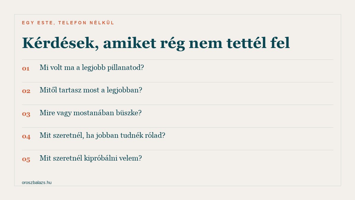 Kérdések, amiket rég nem tettél fel: mi volt ma a legjobb pillanatod; mitől tartasz most a legjobban; mire vagy mostanában büszke; mit szeretnél, ha jobban tudnék rólad; mit szeretnél kipróbálni velem