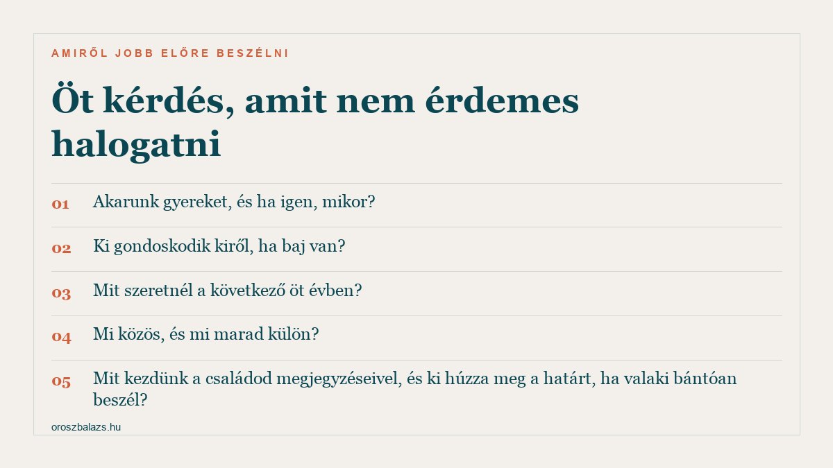 Öt kérdés, amit nem érdemes halogatni: akarunk gyereket, és ha igen, mikor; ki gondoskodik kiről, ha baj van; mit szeretnél a következő öt évben; mi közös, és mi marad külön; mit kezdünk a családod megjegyzéseivel, és ki húzza meg a határt