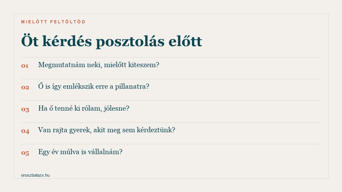Öt kérdés posztolás előtt: megmutatnám neki, mielőtt kiteszem; ő is így emlékszik erre a pillanatra; ha ő tenné ki rólam, jólesne; van rajta gyerek, akit meg sem kérdeztünk; egy év múlva is vállalnám