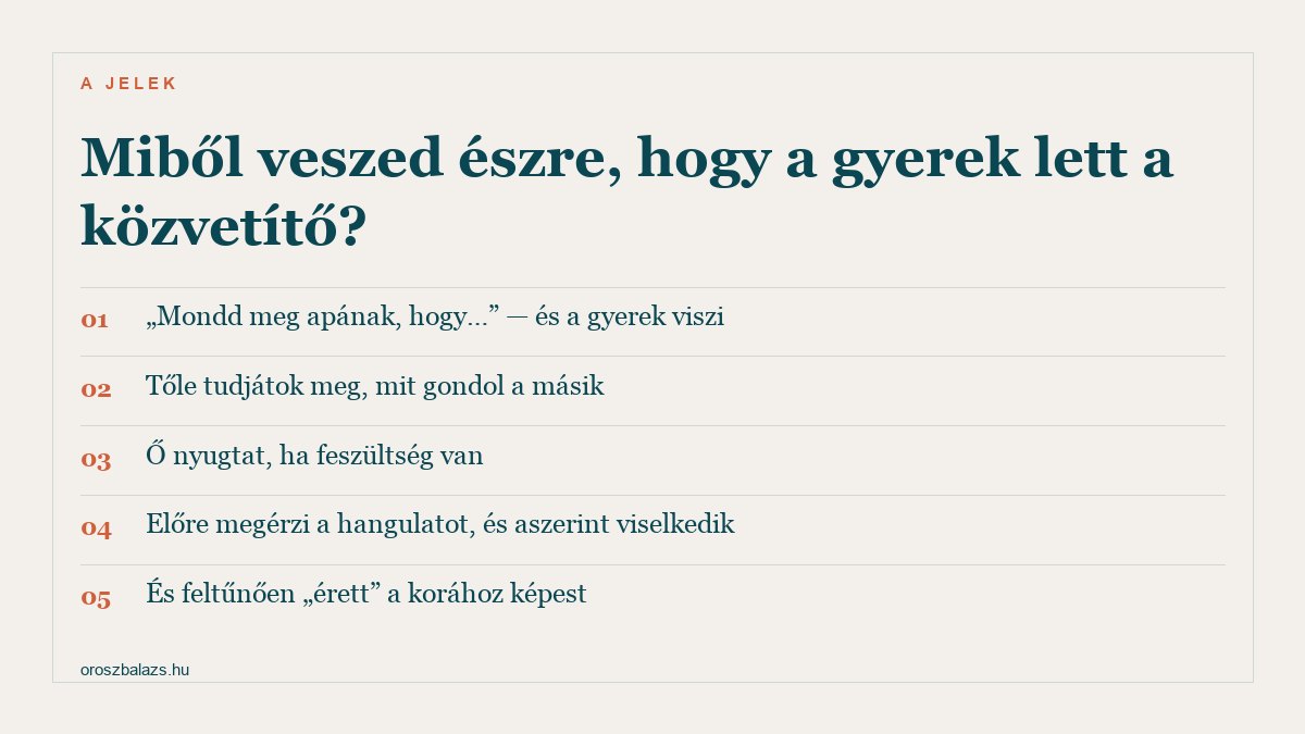 Öt jel: mondd meg apának hogy és a gyerek viszi, tőle tudjátok meg mit gondol a másik, ő nyugtat ha feszültség van, előre megérzi a hangulatot, és feltűnően érett a korához képest