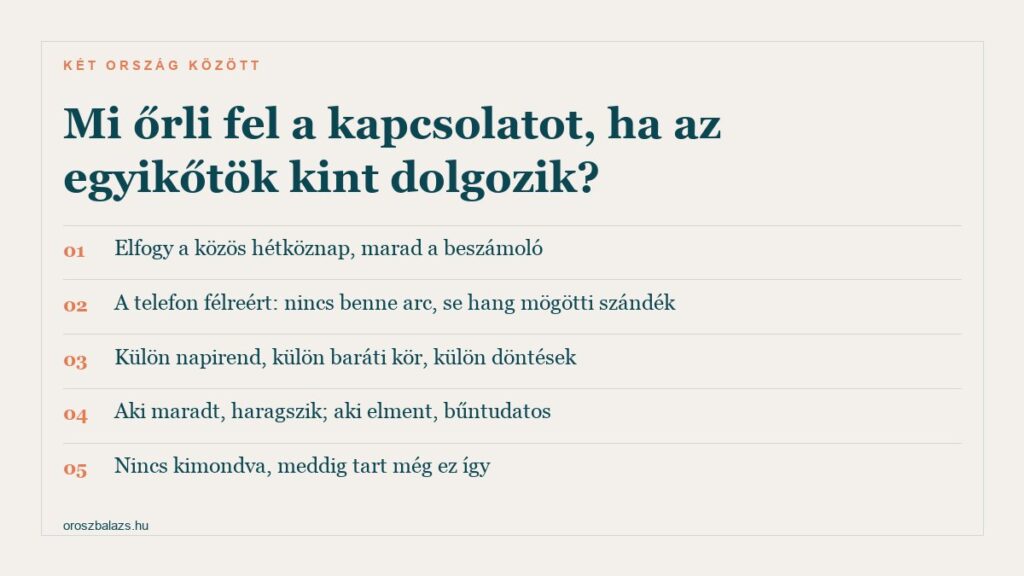 Öt pont arról, mi őrli fel a kapcsolatot, ha az egyik fél külföldön dolgozik: elfogy a közös hétköznap, a telefon félreért, külön ritmus alakul ki, harag és bűntudat, és nincs kimondva meddig tart