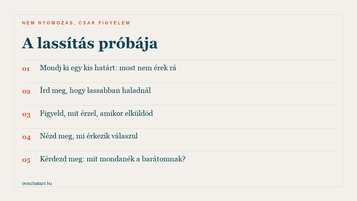 A lassítás próbája öt lépésben: kis határ kimondása, lassítás kérése, a saját érzés figyelése, a válasz megfigyelése, a barát-kérdés
