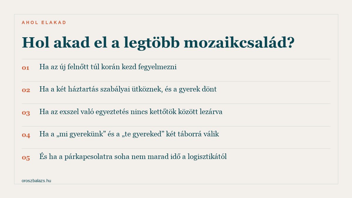 Öt pont ahol a mozaikcsaládok elakadnak: túl korai fegyelmezés, ütköző háztartási szabályok, lezáratlan megállapodás az exszel, a két táborra szakadás, és hogy a párkapcsolatra nem marad idő