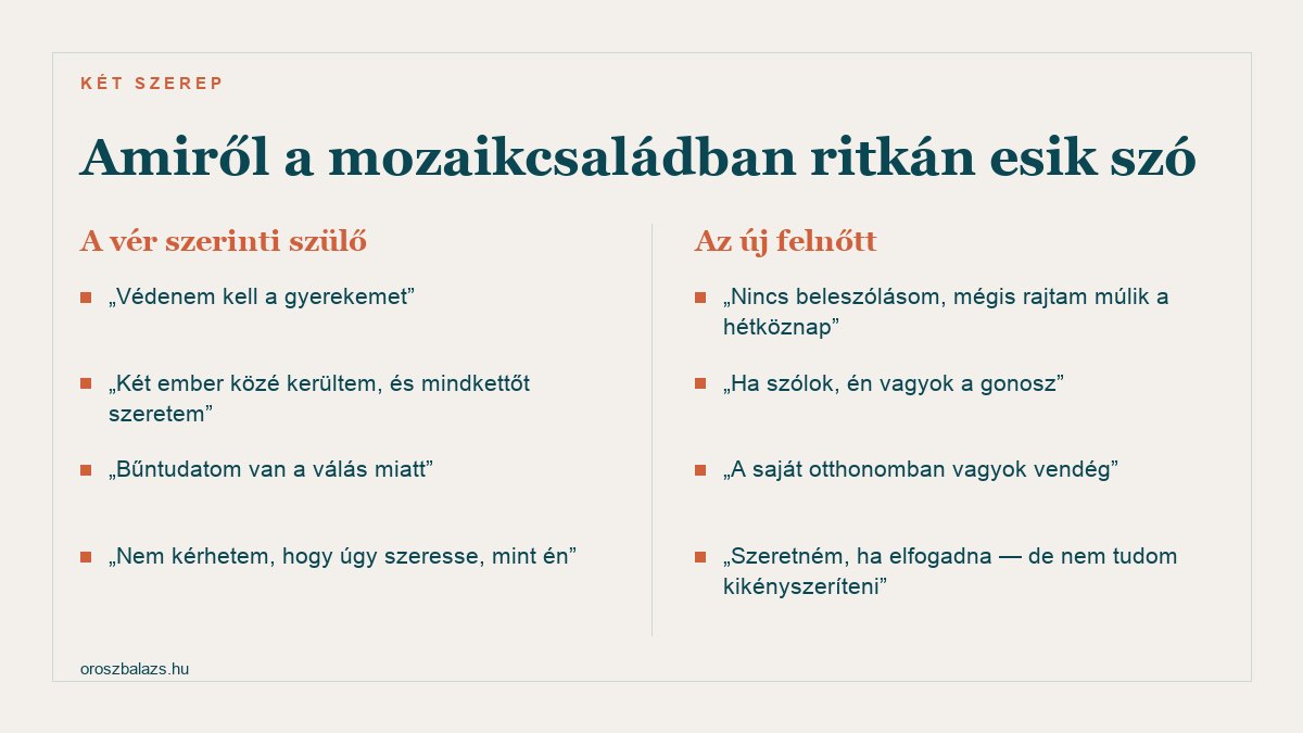 A mozaikcsalád két szerepe: a vér szerinti szülő védeni akarja a gyerekét és két ember közé kerül, az új felnőtt pedig úgy éli meg hogy nincs beleszólása mégis rajta múlik a hétköznap