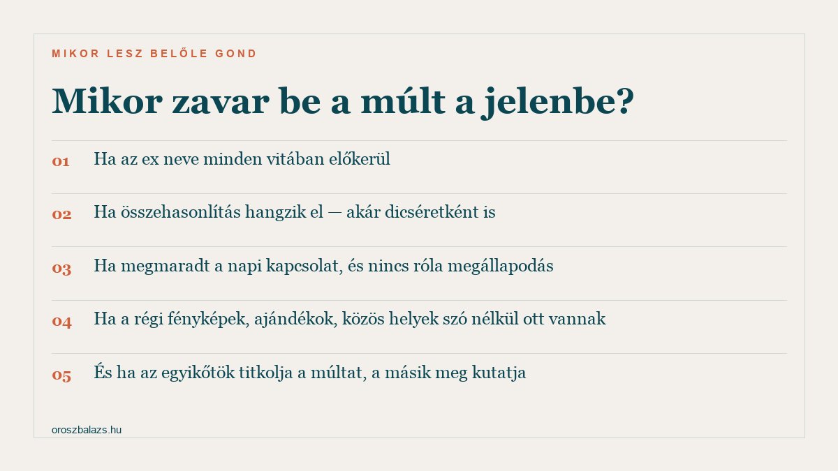Mikor zavar be a múlt: ha az ex neve minden vitában előkerül, ha összehasonlítás hangzik el akár dicséretként is, ha megmaradt a napi kapcsolat megállapodás nélkül, ha a régi tárgyak szó nélkül ott vannak, és ha az egyik titkolja a másik meg kutatja