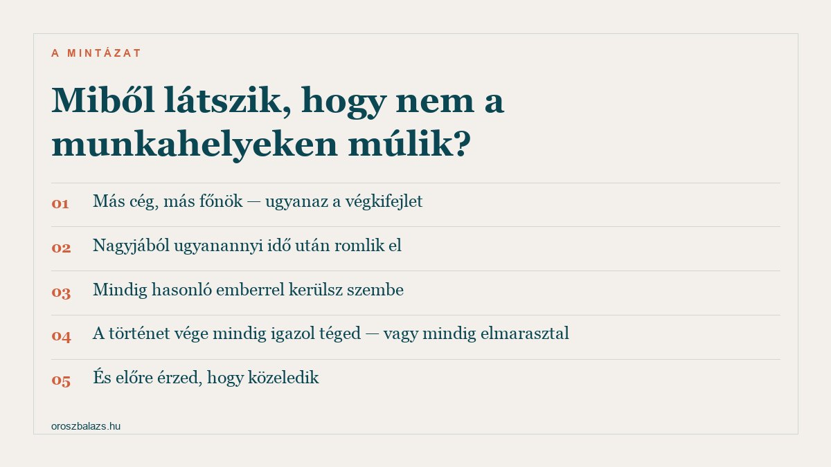 Öt jel: más cég más főnök ugyanaz a végkifejlet, nagyjából ugyanannyi idő után romlik el, mindig hasonló emberrel kerülsz szembe, a történet vége mindig igazol vagy mindig elmarasztal, és előre érzed hogy közeledik