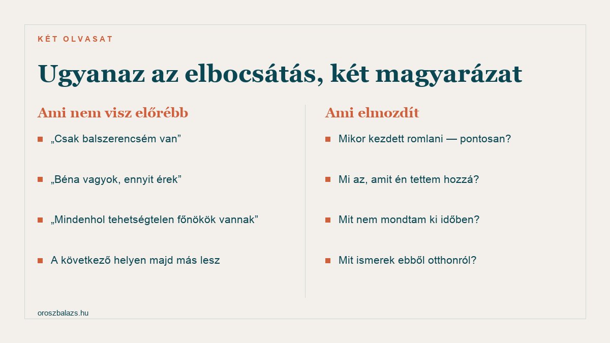 Ami nem visz előrébb: csak balszerencsém van, béna vagyok, mindenhol tehetségtelen főnökök vannak. Ami elmozdít: mikor kezdett romlani pontosan, mit tettem hozzá, mit nem mondtam ki időben, mit ismerek ebből otthonról