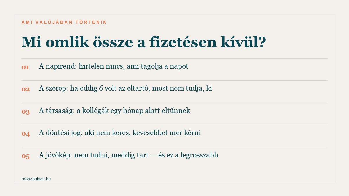 Öt dolog, ami a fizetésen kívül összeomlik munkanélküliségkor: a napirend, a szerep, a kollégák társasága, a döntési jog a kapcsolaton belül és a kiszámítható jövőkép