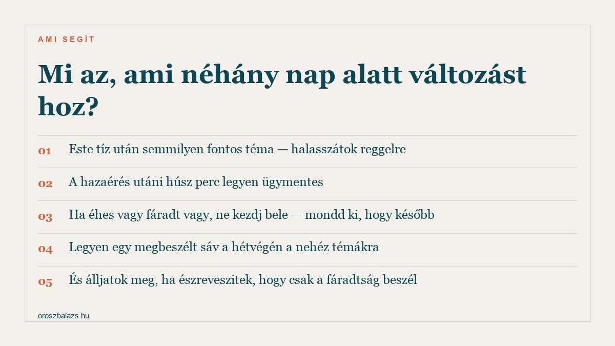 Öt dolog ami néhány nap alatt változást hoz: este tíz után semmilyen fontos téma, ügymentes húsz perc hazaérés után, ne kezdj bele éhesen vagy fáradtan, megbeszélt hétvégi sáv a nehéz témákra, és álljatok meg ha csak a fáradtság beszél