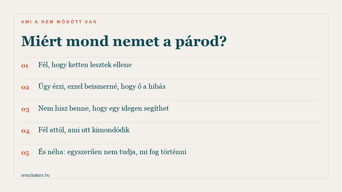 Miért mond nemet a párod: fél hogy ketten lesztek ellene, úgy érzi ezzel beismerné hogy ő a hibás, nem hisz benne hogy egy idegen segíthet, fél attól ami ott kimondódik, és néha egyszerűen nem tudja mi fog történni