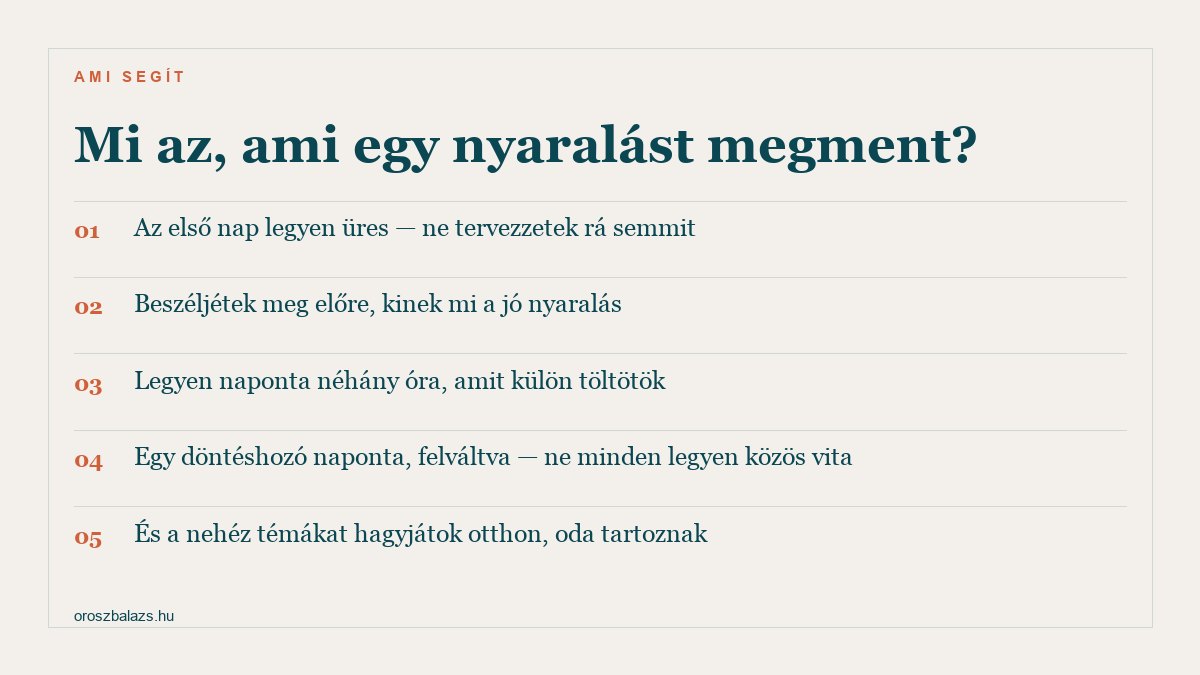 Öt dolog ami egy nyaralást megment: üres első nap, előzetes megbeszélés arról kinek mi a jó nyaralás, naponta néhány külön töltött óra, felváltva egy döntéshozó, és a nehéz témák otthon hagyása