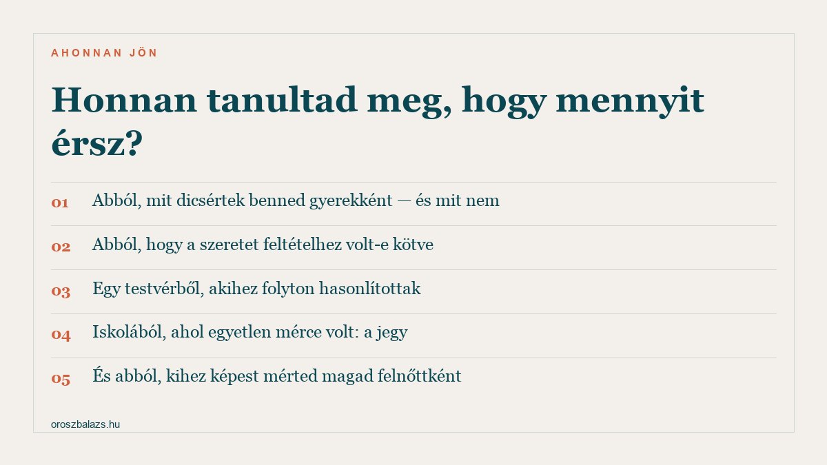 Öt forrás: mit dicsértek benned gyerekként, feltételhez volt-e kötve a szeretet, egy testvér akihez hasonlítottak, iskola ahol a jegy volt az egyetlen mérce, és kihez képest mérted magad felnőttként