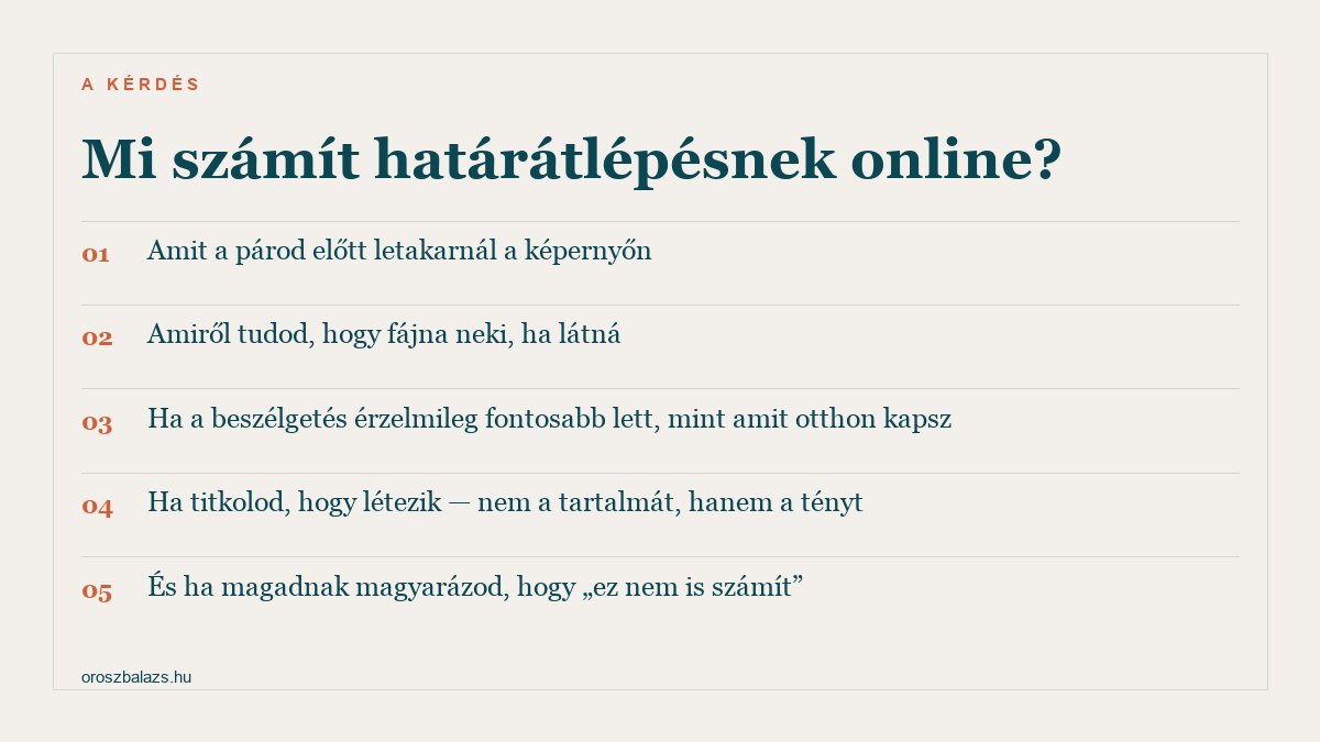 Mi számít határátlépésnek online: amit letakarnál a képernyőn, amiről tudod hogy fájna neki, ha a beszélgetés érzelmileg fontosabb lett, ha titkolod hogy létezik, és ha magadnak magyarázod hogy nem számít