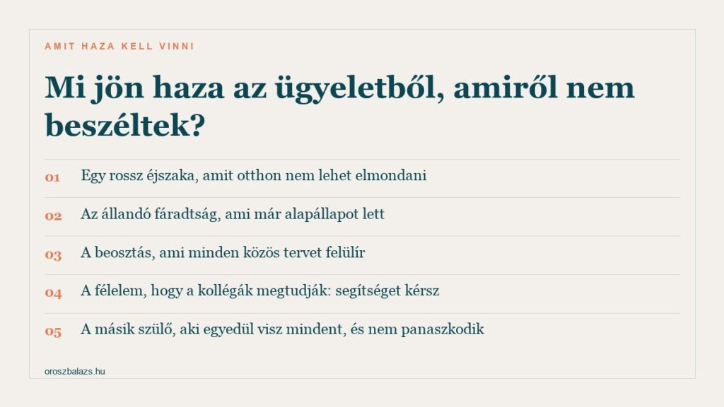 Öt pont arról, mi jön haza az ügyeletből: az elmondhatatlan rossz éjszaka, az állandó fáradtság, a mindent felülíró beosztás, a szakmai stigmától való félelem és az egyedül helytálló másik szülő