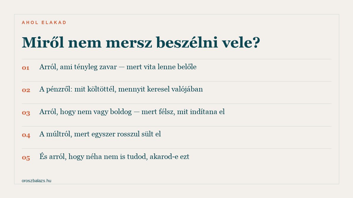 Öt terület ahol elakad az őszinteség: ami tényleg zavar mert vita lenne belőle, a pénz, hogy nem vagy boldog, a múlt mert egyszer rosszul sült el, és hogy néha nem is tudod akarod-e ezt