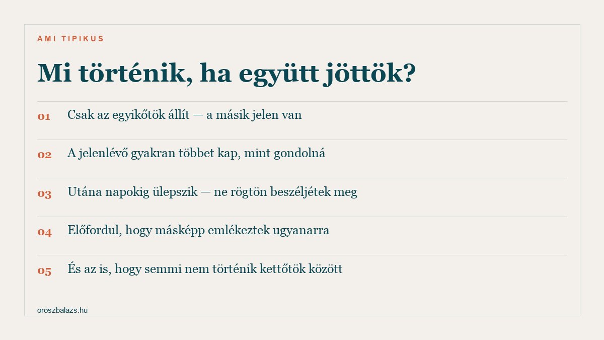 Mi történik ha együtt jöttök: csak az egyikőtök állít a másik jelen van, a jelenlévő gyakran többet kap mint gondolná, utána napokig ülepszik ne rögtön beszéljétek meg, előfordul hogy másképp emlékeztek ugyanarra, és az is hogy semmi nem történik kettőtök között