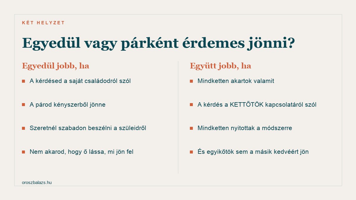 Egyedül jobb ha: a kérdésed a saját családodról szól, a párod kényszerből jönne, szeretnél szabadon beszélni a szüleidről, nem akarod hogy ő lássa mi jön fel. Együtt jobb ha: mindketten akartok valamit, a kérdés kettőtök kapcsolatáról szól, mindketten nyitottak a módszerre, és egyikőtök sem a másik kedvéért jön