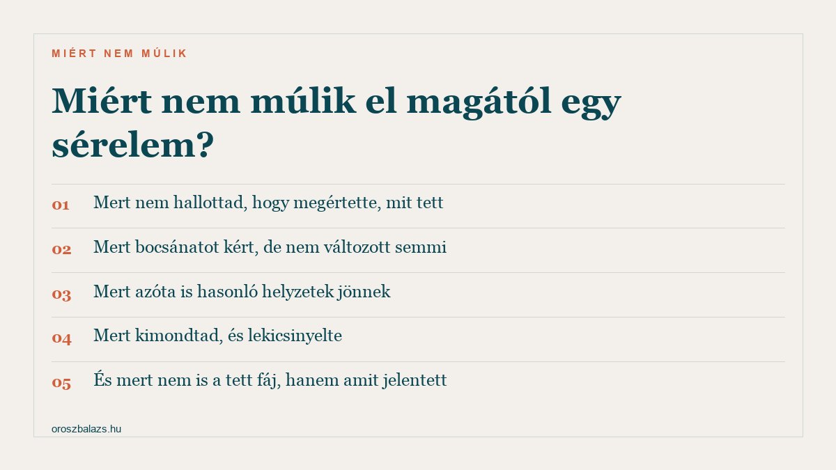 Öt ok amiért nem múlik: nem hallottad hogy megértette mit tett, bocsánatot kért de nem változott semmi, azóta is hasonló helyzetek jönnek, kimondtad és lekicsinyelte, és nem a tett fáj hanem amit jelentett