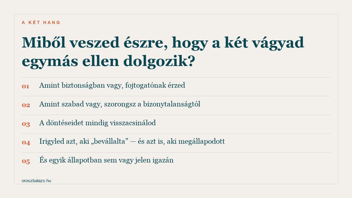 Öt jel: amint biztonságban vagy fojtogatónak érzed, amint szabad vagy szorongsz, a döntéseidet visszacsinálod, irigyled azt aki bevállalta és azt is aki megállapodott, és egyik állapotban sem vagy jelen igazán
