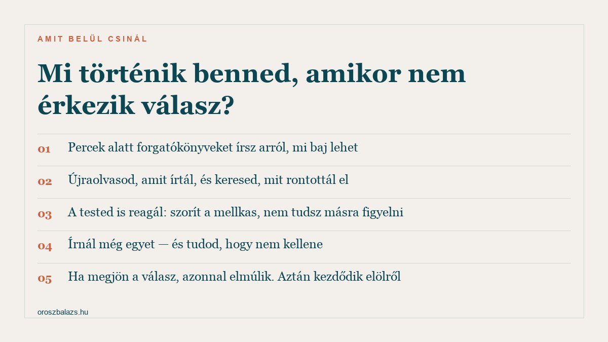 Öt dolog, ami belül történik szorongó kötődésnél, amikor nem érkezik válasz: forgatókönyvek, önvizsgálat, testi tünetek, a késztetés hogy írj még, és a megkönnyebbülés ami után újrakezdődik